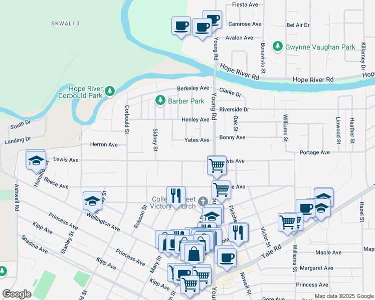 map of restaurants, bars, coffee shops, grocery stores, and more near 45873 Lewis Avenue in Chilliwack