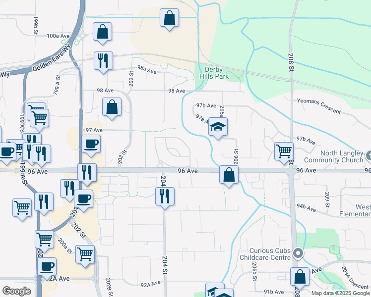 map of restaurants, bars, coffee shops, grocery stores, and more near 20391 96 Avenue in Langley Township