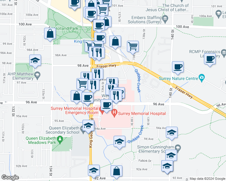 map of restaurants, bars, coffee shops, grocery stores, and more near 9639 137A Street in Surrey