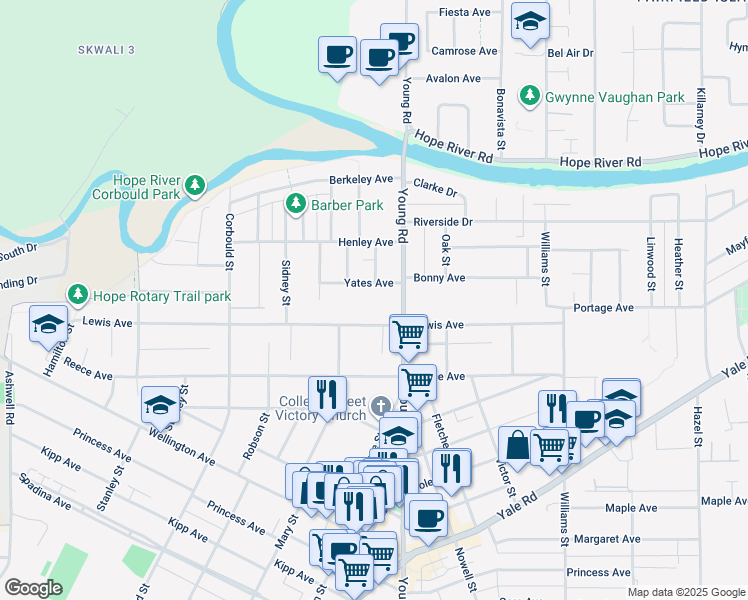 map of restaurants, bars, coffee shops, grocery stores, and more near 45927 Lewis Avenue in Chilliwack