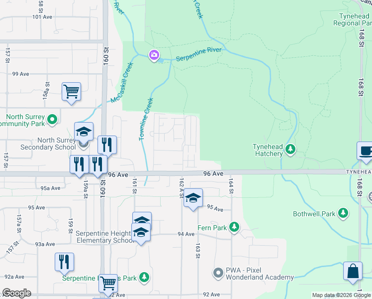 map of restaurants, bars, coffee shops, grocery stores, and more near 9688 162 A Street in Surrey