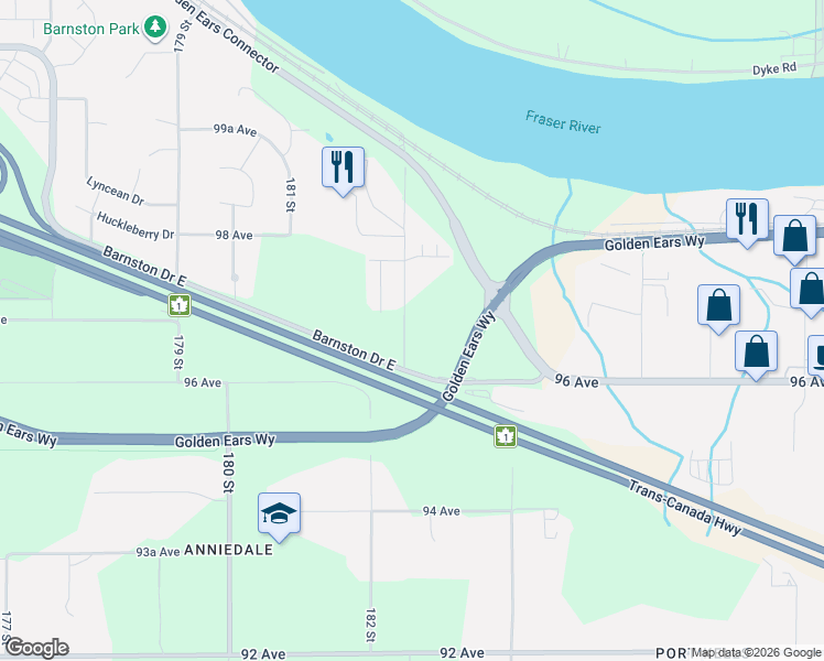map of restaurants, bars, coffee shops, grocery stores, and more near 9688 182A Street in Surrey