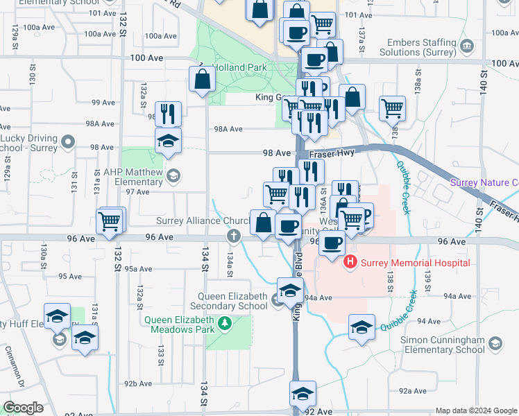 map of restaurants, bars, coffee shops, grocery stores, and more near in Surrey