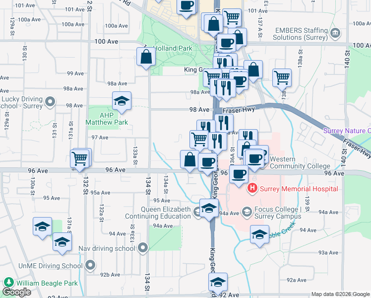 map of restaurants, bars, coffee shops, grocery stores, and more near 13507 96 Avenue in Surrey