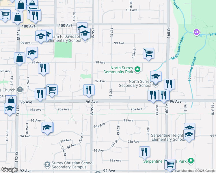 map of restaurants, bars, coffee shops, grocery stores, and more near 9671 157 Street in Surrey