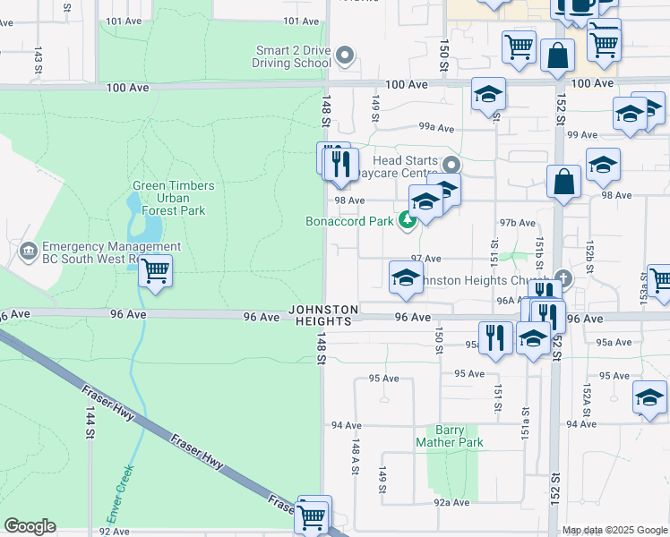 map of restaurants, bars, coffee shops, grocery stores, and more near 9688 148 Street in Surrey
