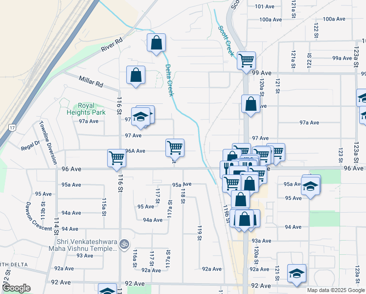 map of restaurants, bars, coffee shops, grocery stores, and more near 11803 96A Avenue in Surrey