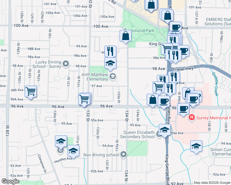 map of restaurants, bars, coffee shops, grocery stores, and more near 9669 133A Street in Surrey