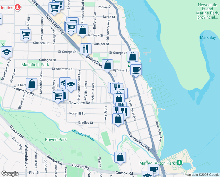 map of restaurants, bars, coffee shops, grocery stores, and more near 679 Terminal Avenue North in Nanaimo