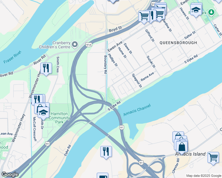 map of restaurants, bars, coffee shops, grocery stores, and more near 1488 Salter Street in New Westminster