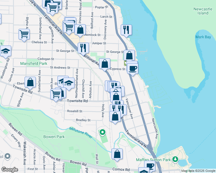 map of restaurants, bars, coffee shops, grocery stores, and more near 736 Terminal Avenue North in Nanaimo