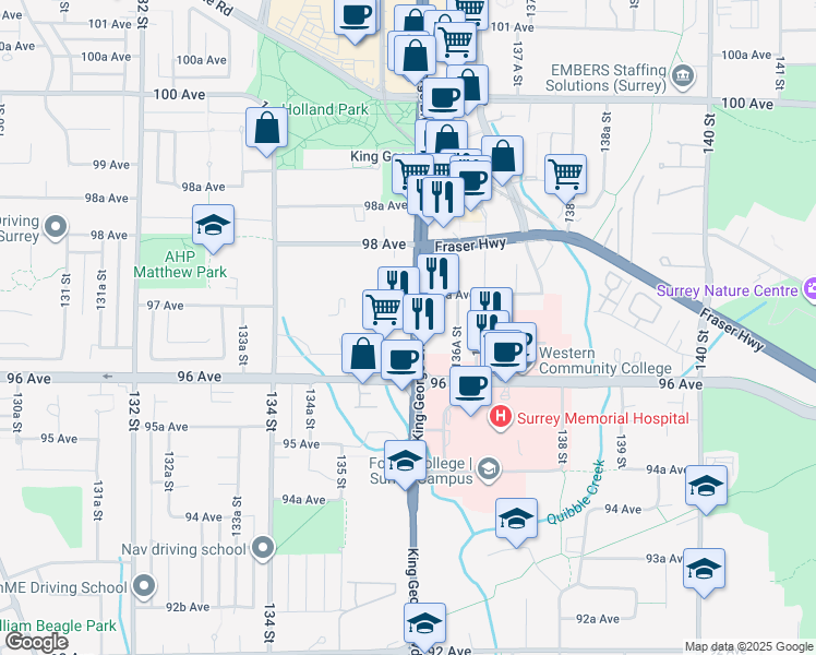 map of restaurants, bars, coffee shops, grocery stores, and more near 9675 King George Boulevard in Surrey