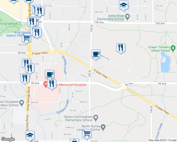 map of restaurants, bars, coffee shops, grocery stores, and more near 9689 140 Street in Surrey