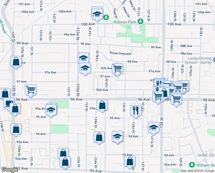 map of restaurants, bars, coffee shops, grocery stores, and more near in Surrey