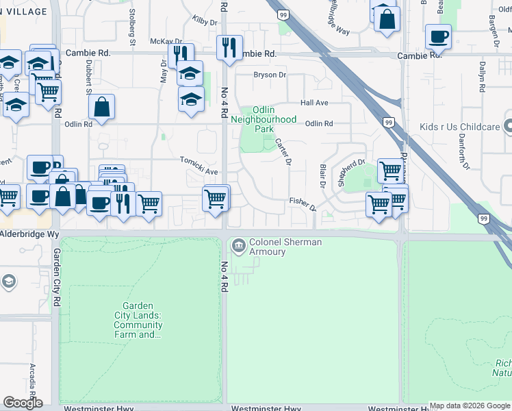 map of restaurants, bars, coffee shops, grocery stores, and more near 10000 Fisher Gate in Richmond