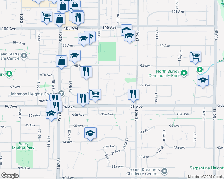map of restaurants, bars, coffee shops, grocery stores, and more near 9679 155 Street in Surrey