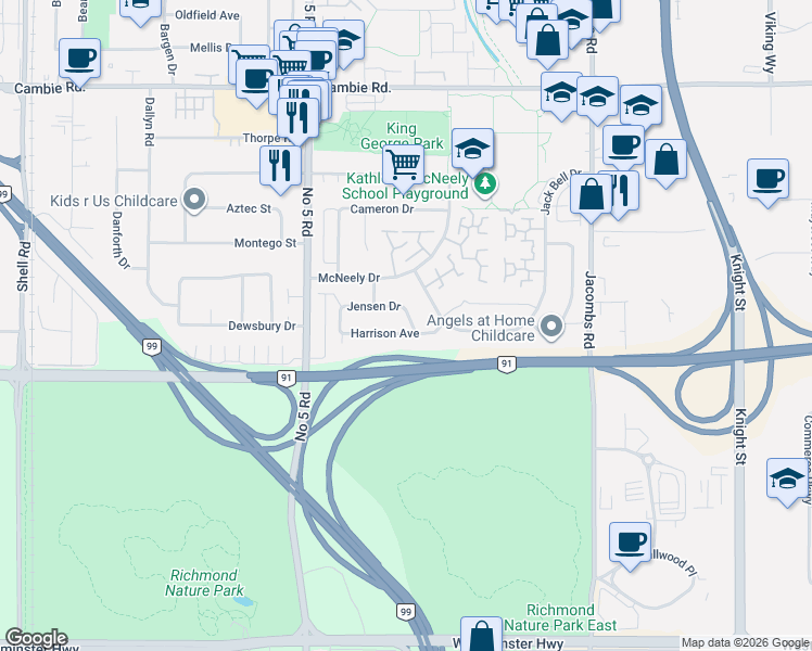 map of restaurants, bars, coffee shops, grocery stores, and more near 12460 Jensen Drive in Richmond