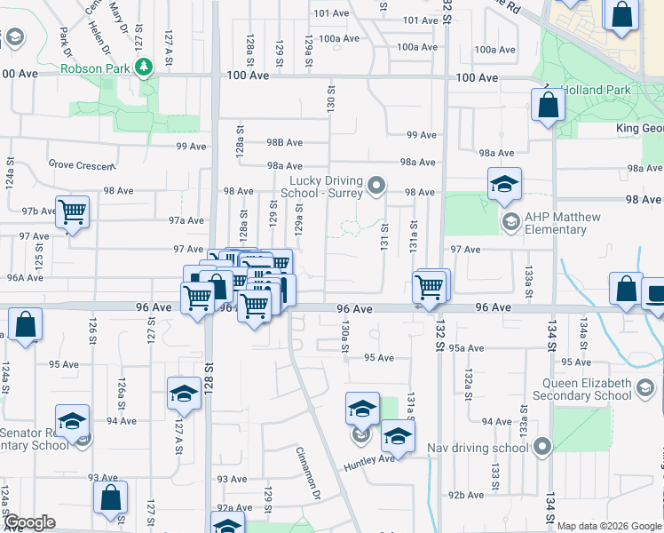 map of restaurants, bars, coffee shops, grocery stores, and more near 9670 130 Street in Surrey