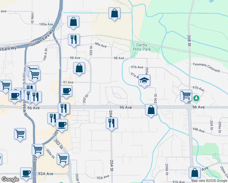 map of restaurants, bars, coffee shops, grocery stores, and more near 20391 96 Avenue in Langley Township