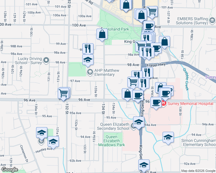 map of restaurants, bars, coffee shops, grocery stores, and more near 9682 134 Street in Surrey