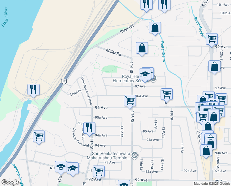 map of restaurants, bars, coffee shops, grocery stores, and more near in Surrey