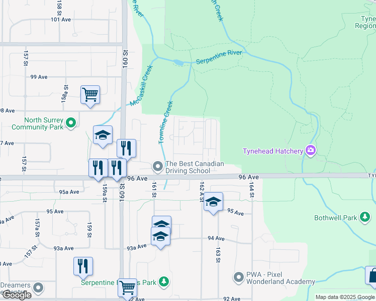 map of restaurants, bars, coffee shops, grocery stores, and more near 16211 96B Avenue in Surrey