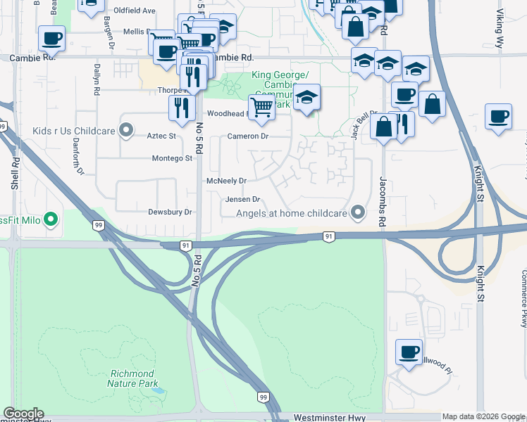 map of restaurants, bars, coffee shops, grocery stores, and more near 12460 Jensen Drive in Richmond