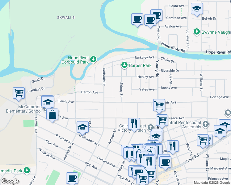 map of restaurants, bars, coffee shops, grocery stores, and more near 9708 Harrison Street in Chilliwack