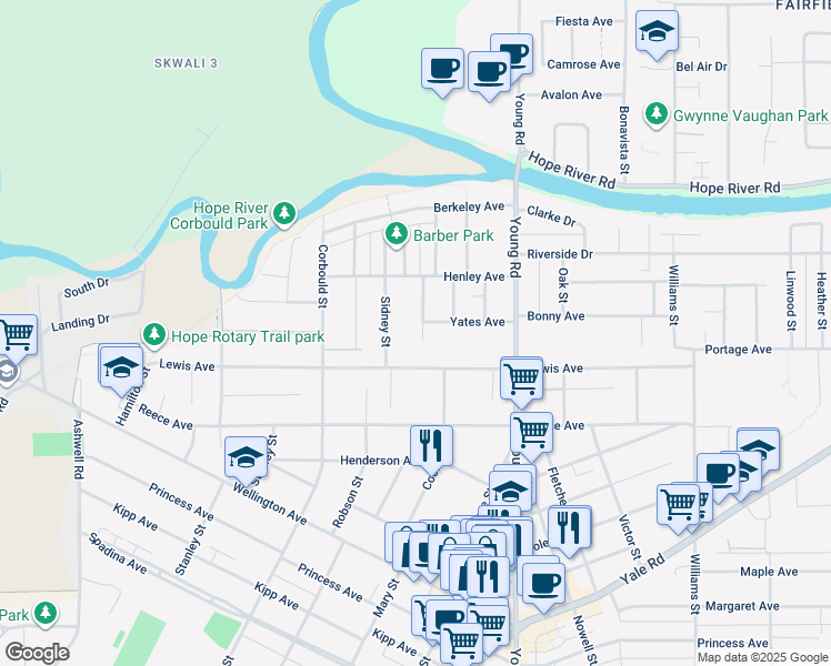 map of restaurants, bars, coffee shops, grocery stores, and more near 9709 Hillier Street in Chilliwack