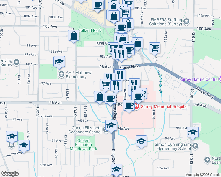 map of restaurants, bars, coffee shops, grocery stores, and more near 9675 King George Boulevard in Surrey