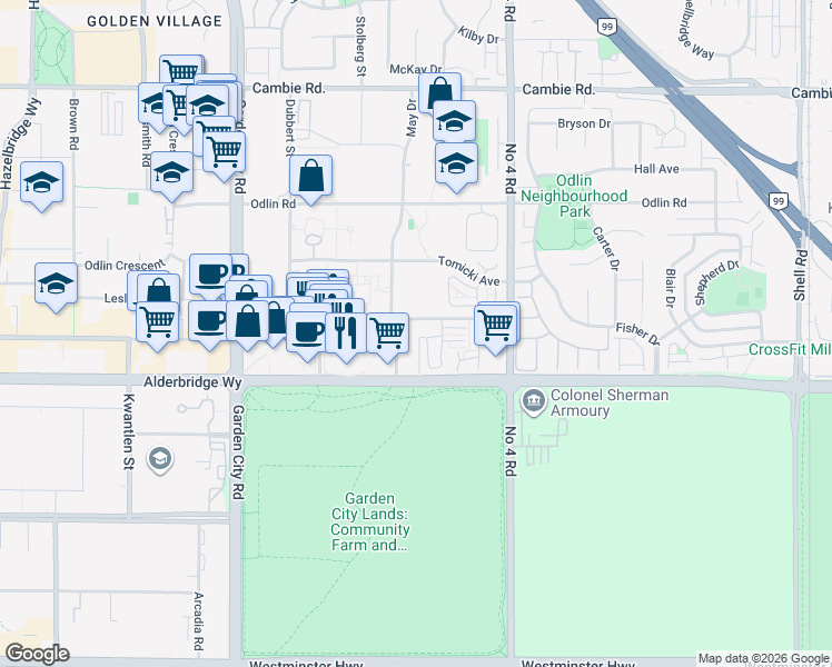 map of restaurants, bars, coffee shops, grocery stores, and more near 9680 Alexandra Road in Richmond