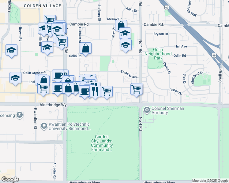 map of restaurants, bars, coffee shops, grocery stores, and more near 9560 Alexandra Road in Richmond