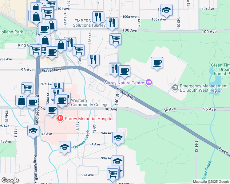 map of restaurants, bars, coffee shops, grocery stores, and more near in Surrey