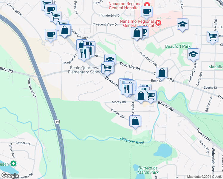 map of restaurants, bars, coffee shops, grocery stores, and more near 1621 Bowen Road in Nanaimo