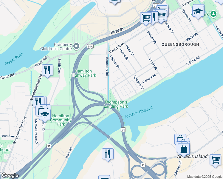 map of restaurants, bars, coffee shops, grocery stores, and more near 1602 Salter Street in New Westminster