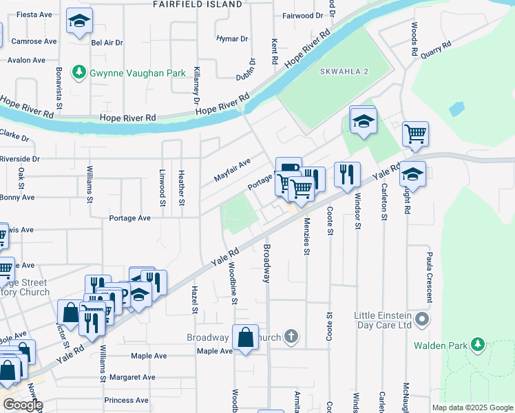 map of restaurants, bars, coffee shops, grocery stores, and more near 9709 Valemont Street in Chilliwack