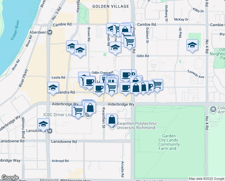 map of restaurants, bars, coffee shops, grocery stores, and more near 8640 Leslie Road in Richmond