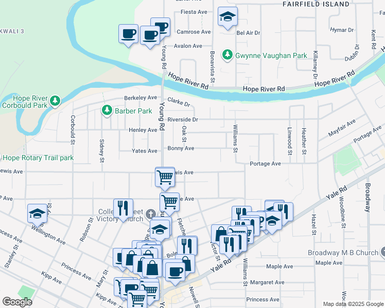 map of restaurants, bars, coffee shops, grocery stores, and more near 46058 Bonny Avenue in Chilliwack