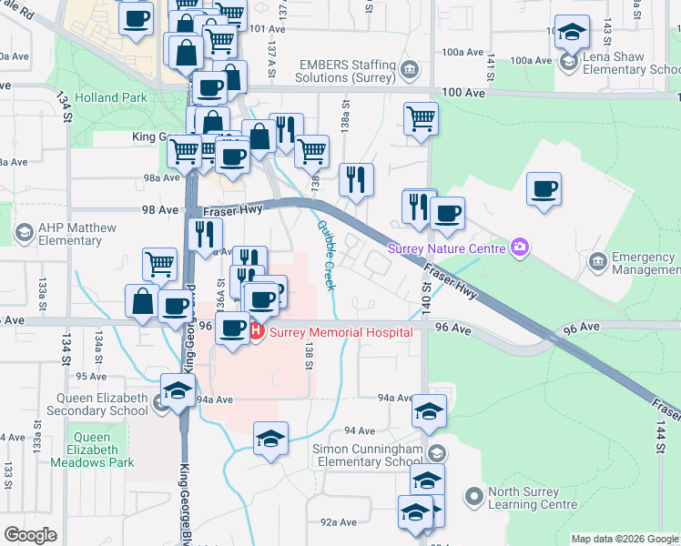 map of restaurants, bars, coffee shops, grocery stores, and more near 13870 Laurel Drive in Surrey