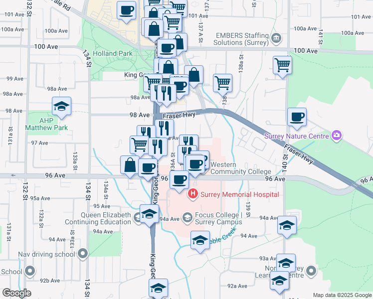 map of restaurants, bars, coffee shops, grocery stores, and more near in Surrey