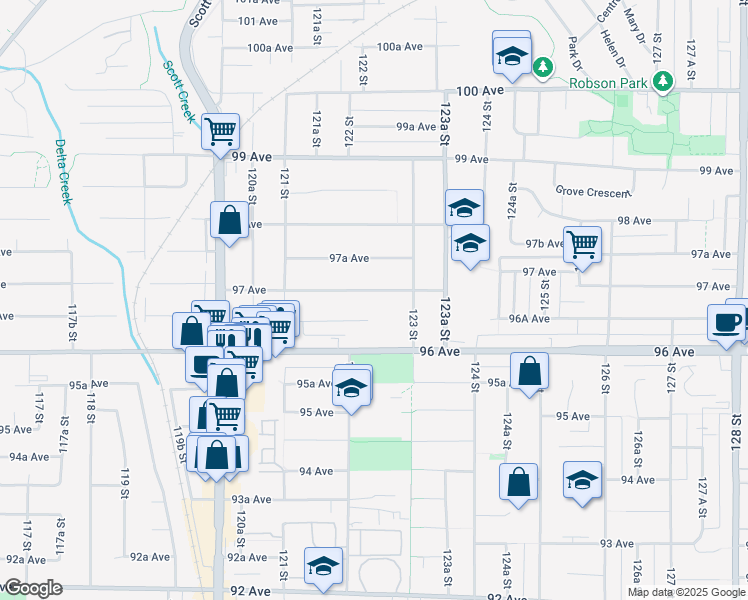 map of restaurants, bars, coffee shops, grocery stores, and more near 12248 97 Avenue in Surrey