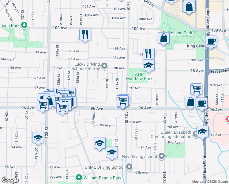 map of restaurants, bars, coffee shops, grocery stores, and more near 9677 131A Street in Surrey