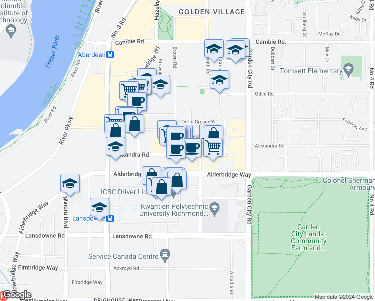 map of restaurants, bars, coffee shops, grocery stores, and more near 8391 Alexandra Road in Richmond