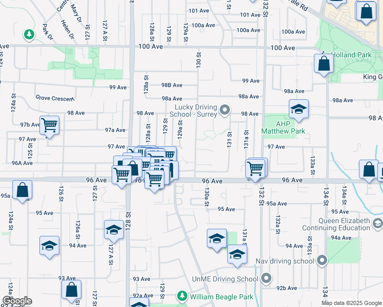 map of restaurants, bars, coffee shops, grocery stores, and more near 9675 130 Street in Surrey