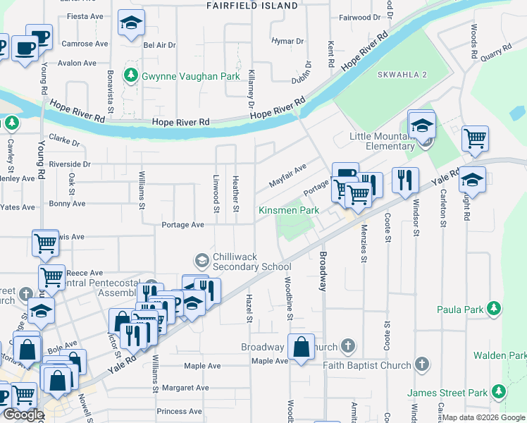 map of restaurants, bars, coffee shops, grocery stores, and more near 46461 Portage Avenue in Chilliwack