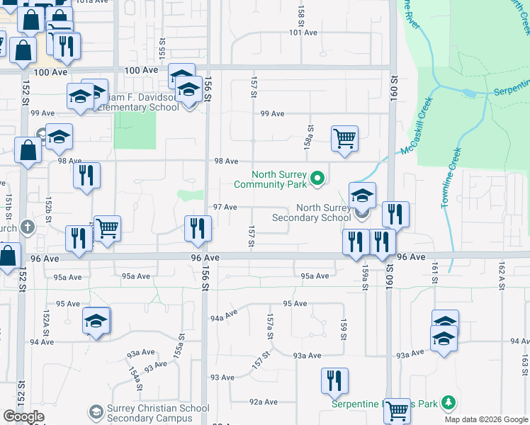 map of restaurants, bars, coffee shops, grocery stores, and more near 15738 97 Avenue in Surrey