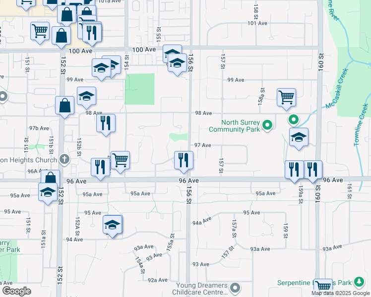 map of restaurants, bars, coffee shops, grocery stores, and more near 9676 155B Street in Surrey