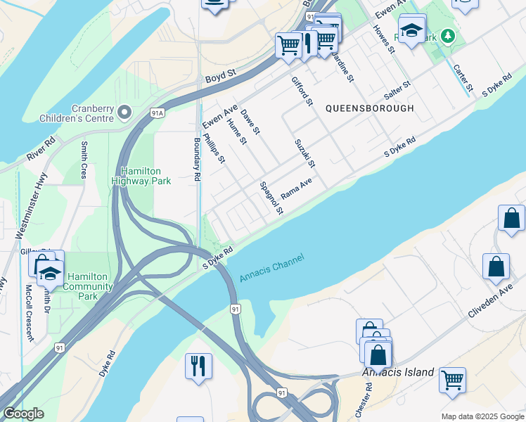 map of restaurants, bars, coffee shops, grocery stores, and more near 151 Phillips Street in New Westminster