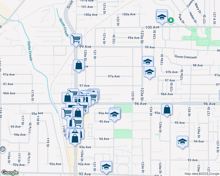 map of restaurants, bars, coffee shops, grocery stores, and more near 12178 97 Avenue in Surrey