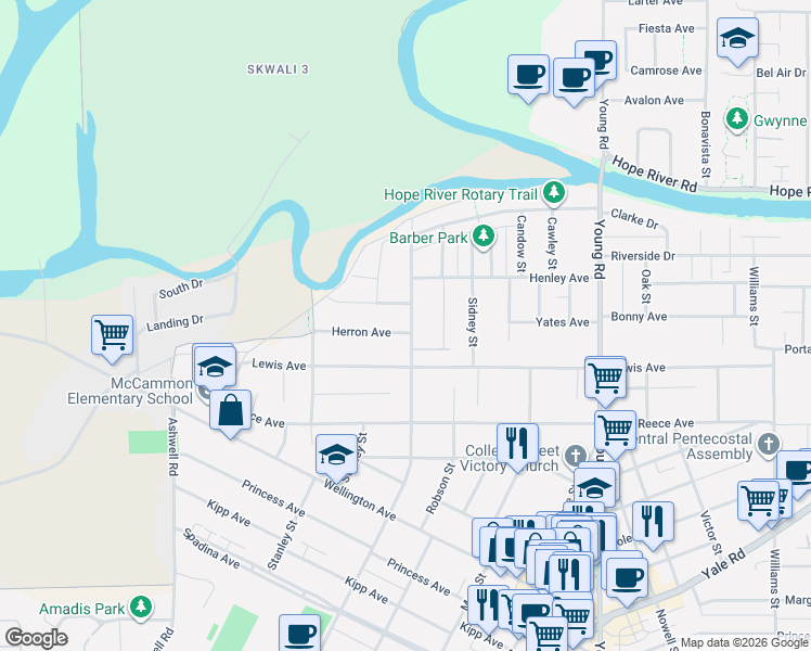 map of restaurants, bars, coffee shops, grocery stores, and more near 45685 Herron Avenue in Chilliwack